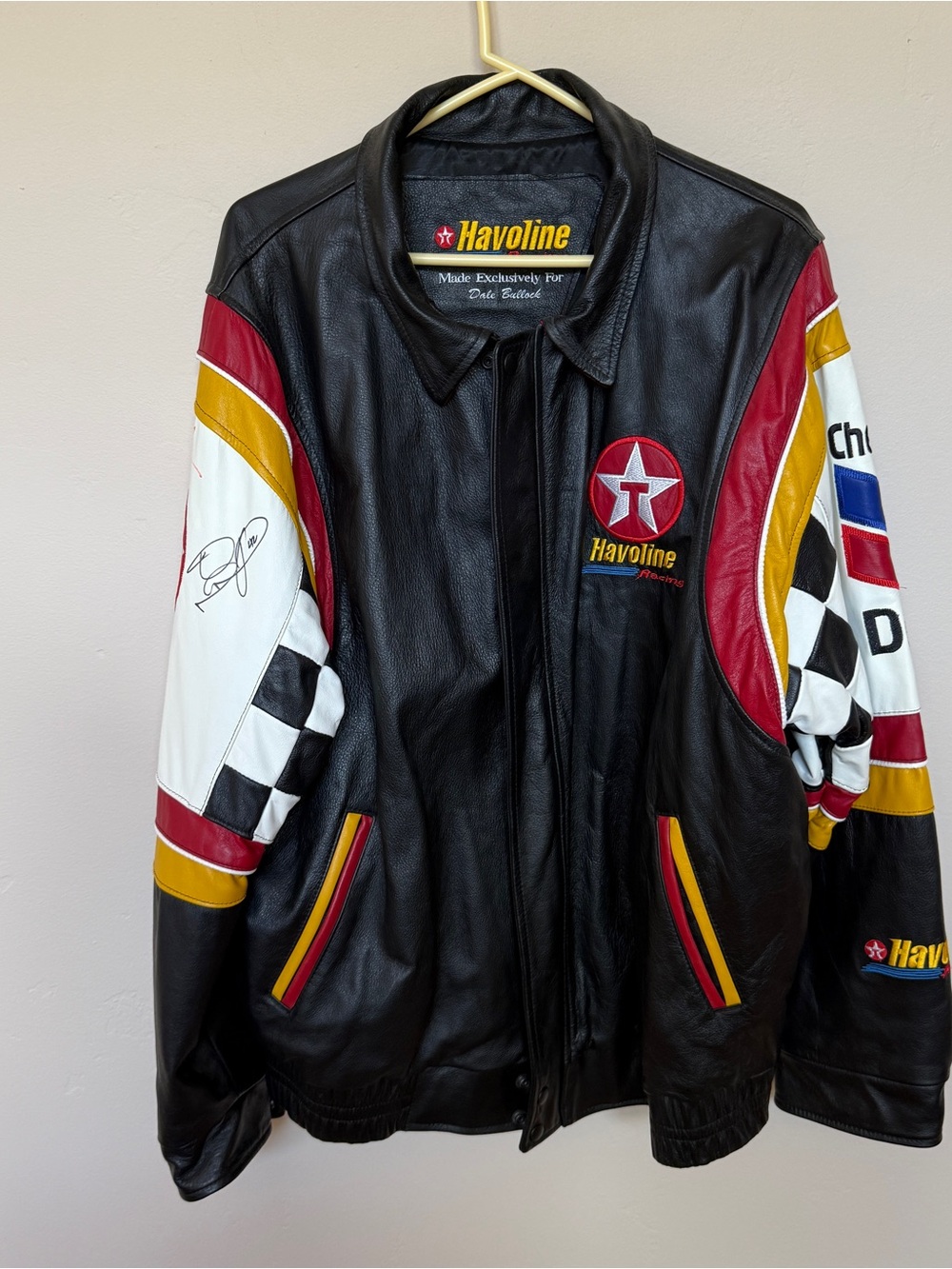 CUSTOM VINTAGE CHEVRON TEXACO NASCAR RACING LEATHER JACKET 3 AUTOGRAPHS MEN XL